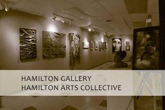 interior view of Hamilton Gallery with artwork installed including fiber art, painting, photography, and sculpture 