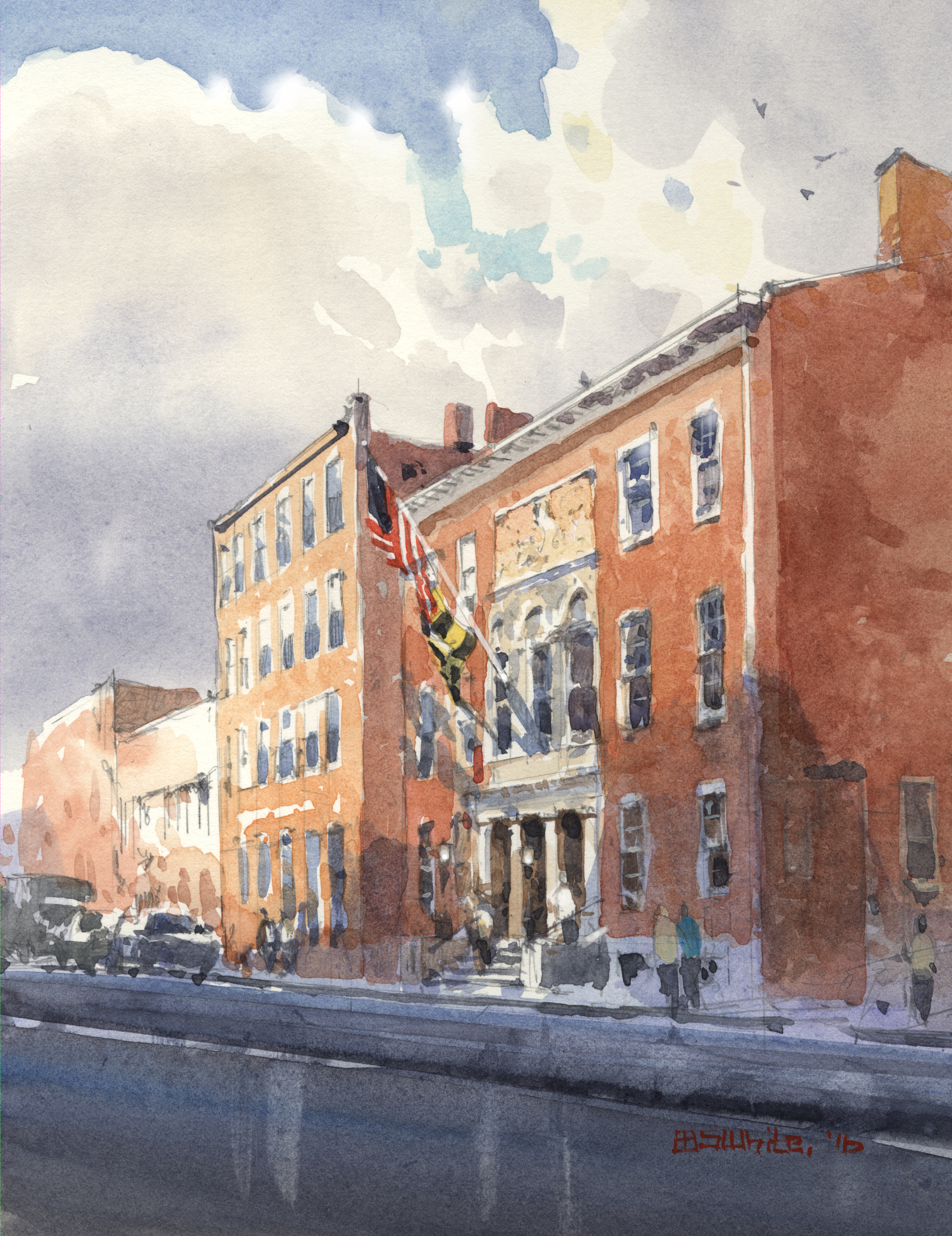 Watercolor of the front of the Peale Museum building on Holliday Street in Baltimore. 